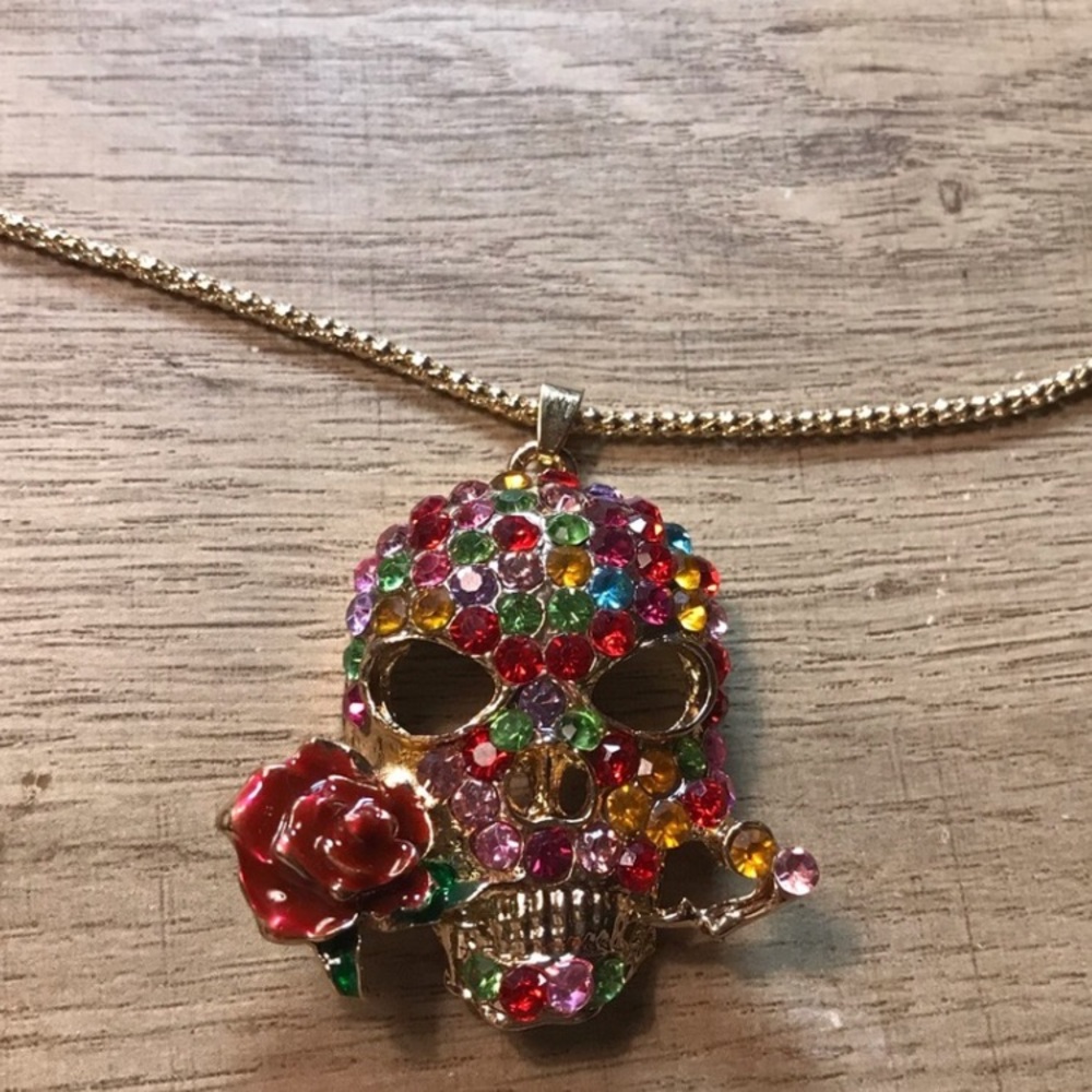 Betsy Johnson Gold-Tone Multicolor Rhinestone Red Rose Skull Pendant Necklace